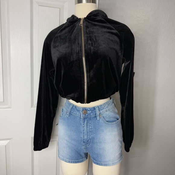 Forever 21 Long Sleeve Velvet Crop Top, Black - Picture 1 of 6